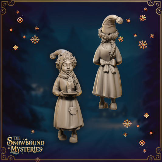 A render of a 3D model of a young girl Christmas caroler holding a candle and standing in winter clothing as she sings.