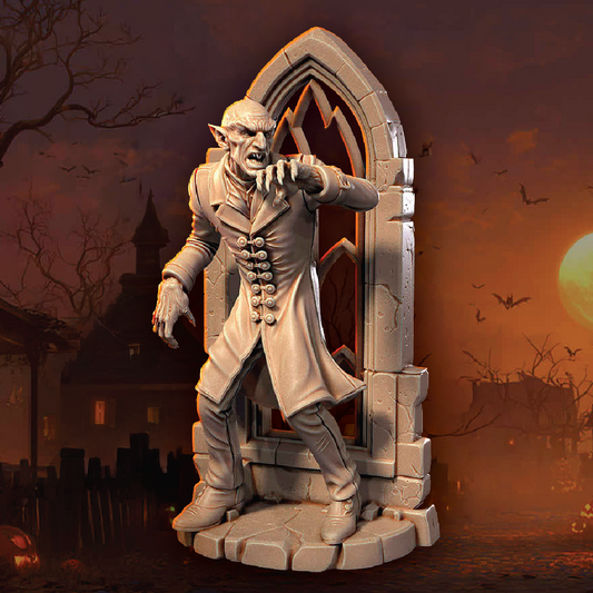 Statue of a vampire in a gothic archway with a spooky background