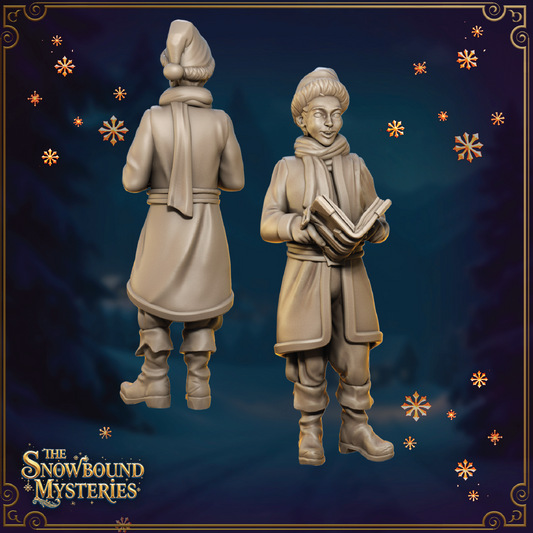 A render of a 3D model of a young male Christmas caroler holding a hymnal and standing in winter clothing as he sings.