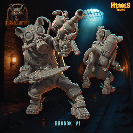 Two fantasy creature figurines with weapons in a dark, dungeon-like setting, featuring 'Furnace Bitters' and 'Heroes Beasts' branding.