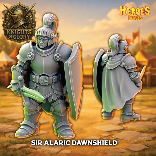 Animated characters from 'Knights of Glory' with armor and weapons on a fantasy landscape background.