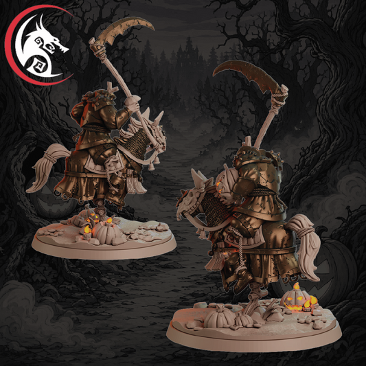 Two unpainted tabletop gaming miniatures of armored horse-mounted warriors with scythes, shown from different angles on a dark forest-themed background. A red and white dragon logo is visible in the top-left corner.