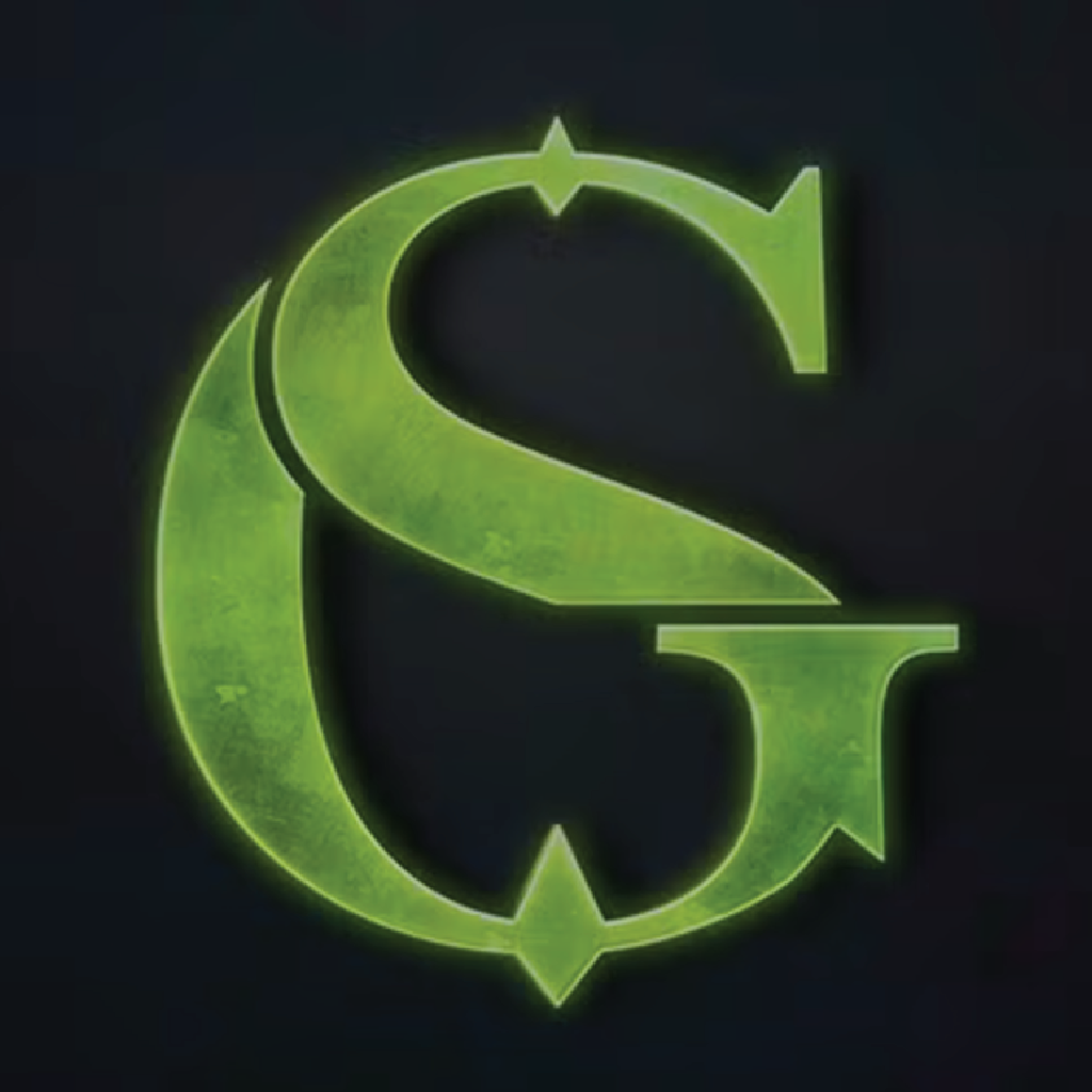Glowing green letter 'S' on a black background