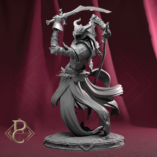 A monochrome fantasy figurine of a horned armored warrior holding a curved sword overhead and a bow on a round base, set against a dark red draped backdrop. A stylized 'BP' logo appears in the lower-left corner.