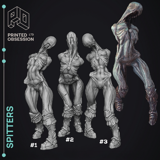 Four alien figure sculptures labeled #1, #2, #3, and #4 on a black background with 'Printed Obsession' branding.