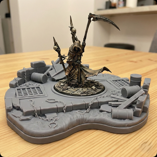 A miniature grim reaper figurine holding a scythe, displayed on a gray ruined base with barrels, chains, and debris, set on a wooden tabletop.