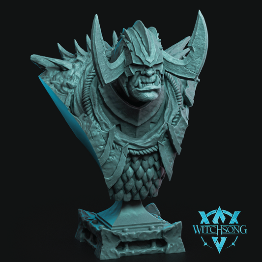 Statue of a warrior with armor and horns on a black background, featuring the 'Witchsong' logo.