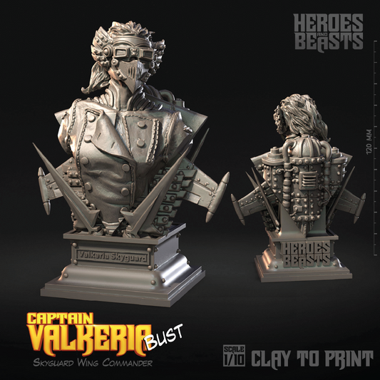 A 3D render showing a gray resin bust of Valkora, a Captain Valkeria Skysguard wing commander, from front and back angles. The bust is detailed with goggles, a helmet, and mechanical wing-like elements.