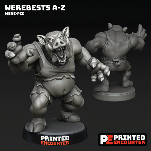 Gray scale figurine of a were-pig with 'Printed Encounter' branding on a black background.