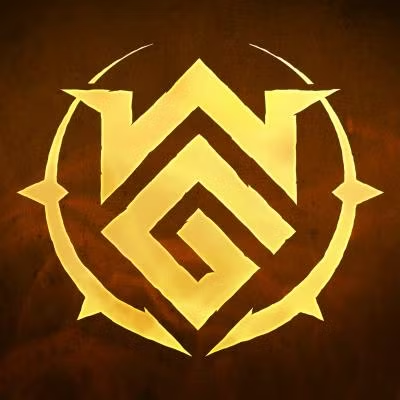 Gold emblem with a spiral design on a brown background