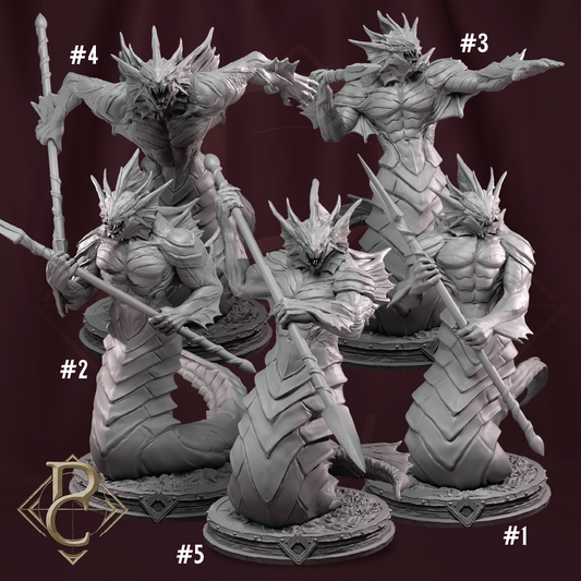 Five dragon-like figurines with varying poses on a dark background
