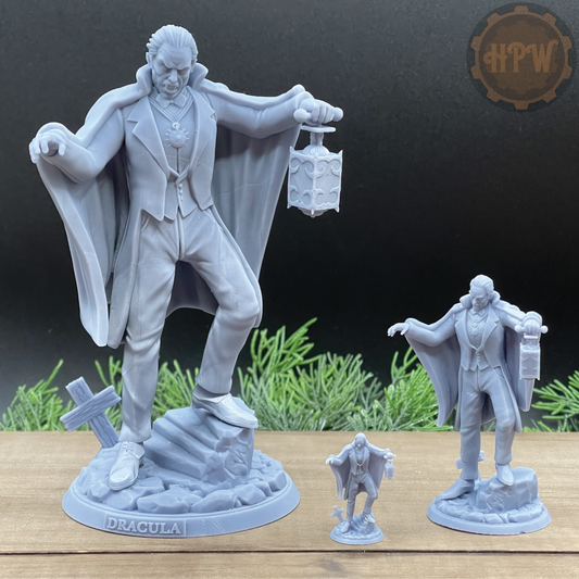 3D printed resin miniatures of Dracula in various sizes.