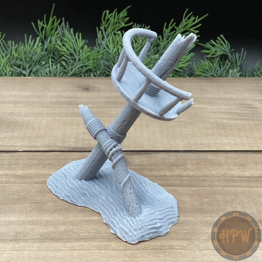 A 3D printed gray miniature terrain kit depicting a shattered mast with a crow's nest, intended for gaming and diorama purposes.