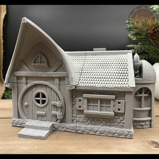 The Founder's Cottage 3D printed in gray PLA filament.