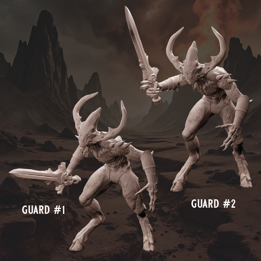 Two warrior figures with horns and swords in a desert landscape, labeled 'GUARD #1' and 'GUARD #2'.