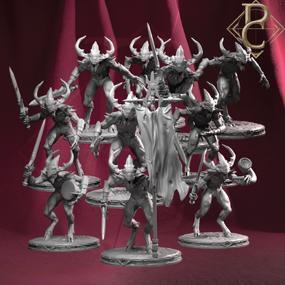 Collection of fantasy miniatures on a red background with a logo in the corner.