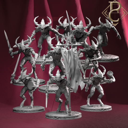 Collection of fantasy miniatures on a red background with a logo in the corner.