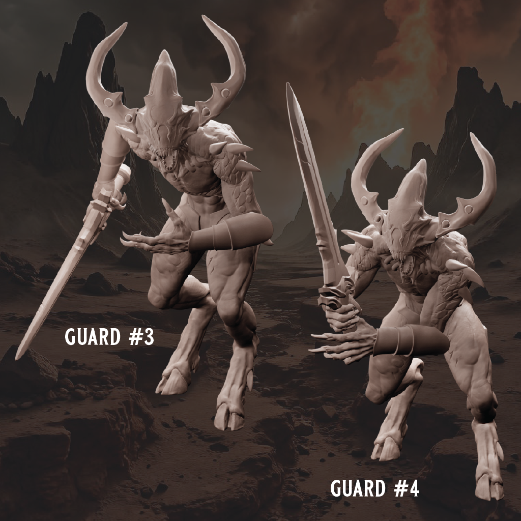 Two fantasy guards with weapons in a desert landscape