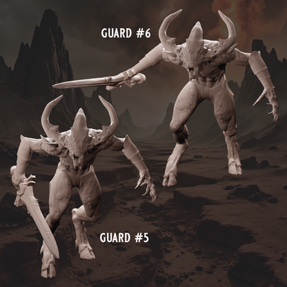 Two fantasy guards with horns and armor in a desert landscape.