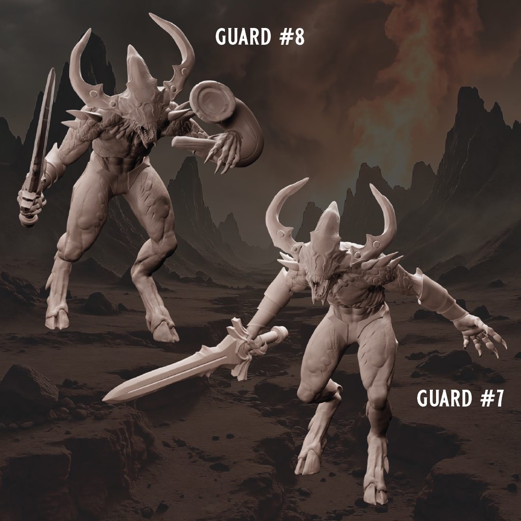 Two fantasy guards with weapons in a desert landscape, labeled 'Guard #8' and 'Guard #7'.