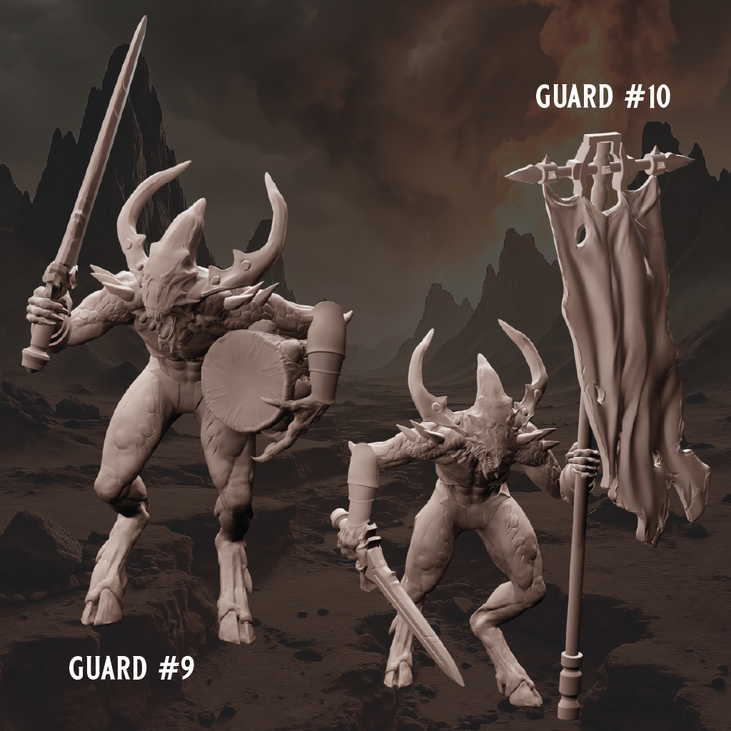 Two fantasy guards with weapons against a dark, mountainous landscape.