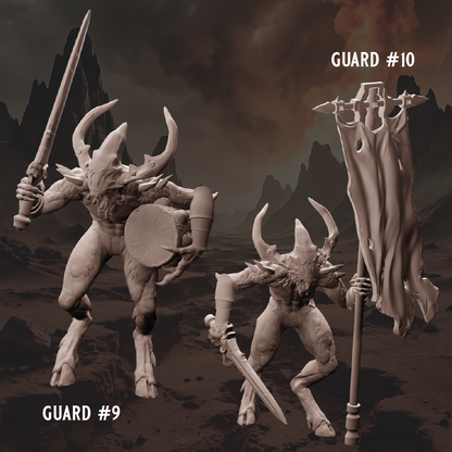 Two fantasy guards with weapons against a dark, mountainous landscape.