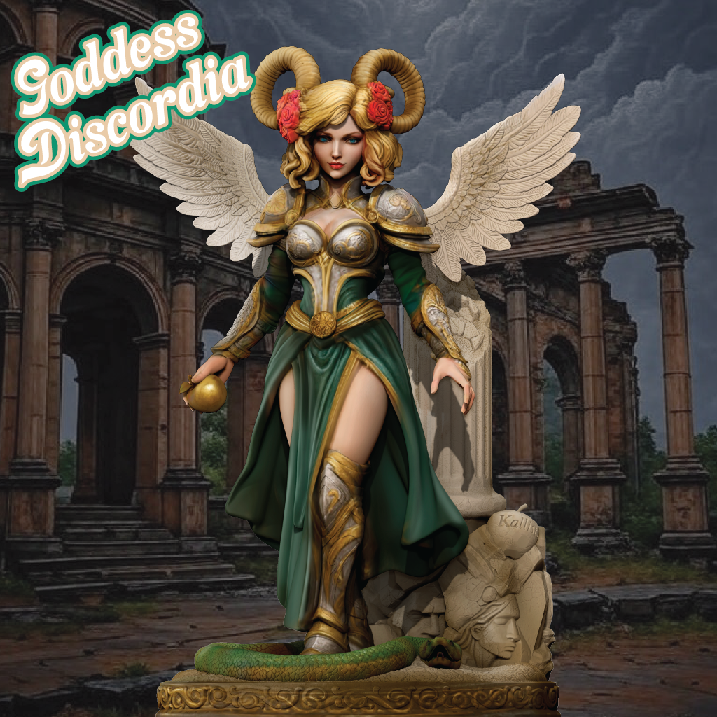 Statue of a winged figure with 'Goddess Discordia' text in an ancient ruin setting