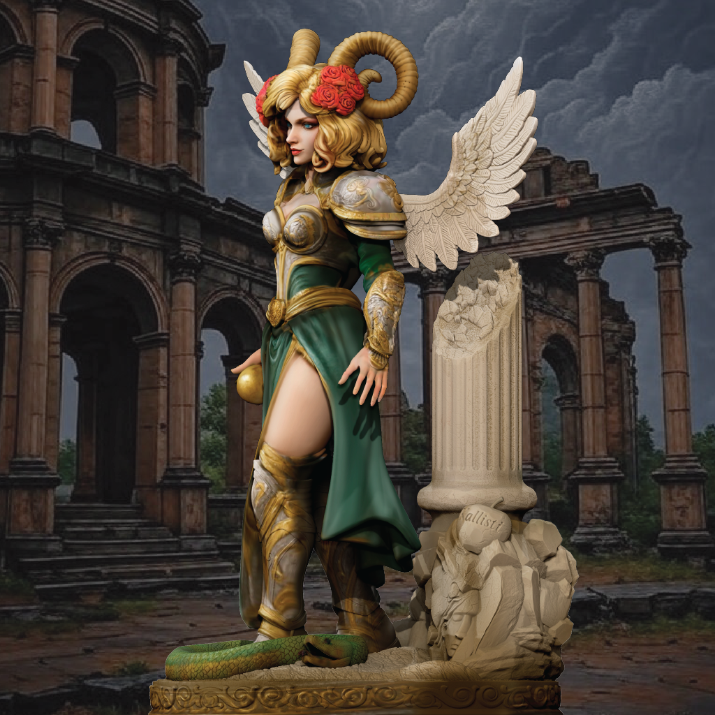 Statue of a winged figure with armor and green dress in an ancient ruin setting