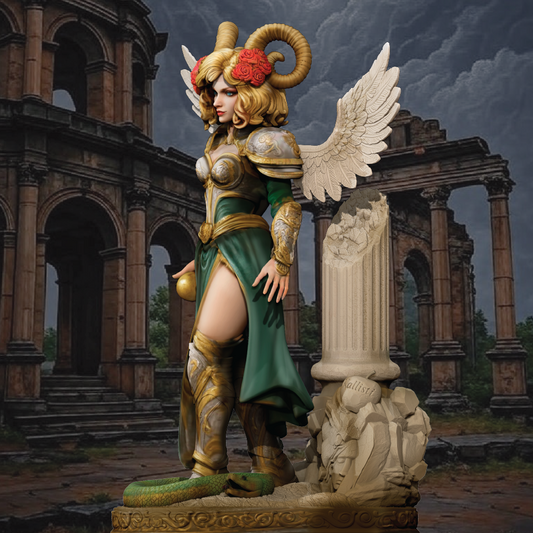 Statue of a winged figure with armor and green dress in an ancient ruin setting