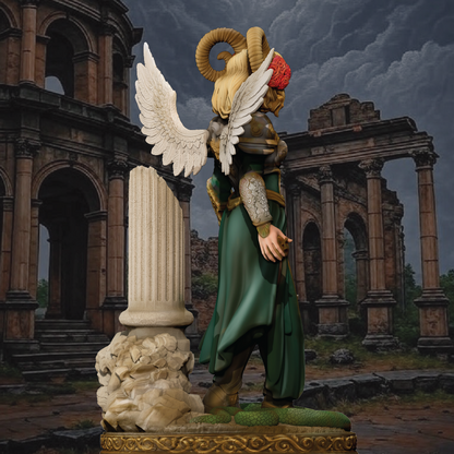 Statue of a winged figure with a ram's head in an ancient ruin setting
