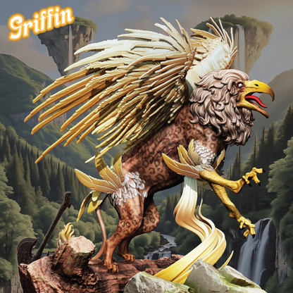 Griffin creature with eagle and lion features standing on a rocky outcrop with a mountainous background.