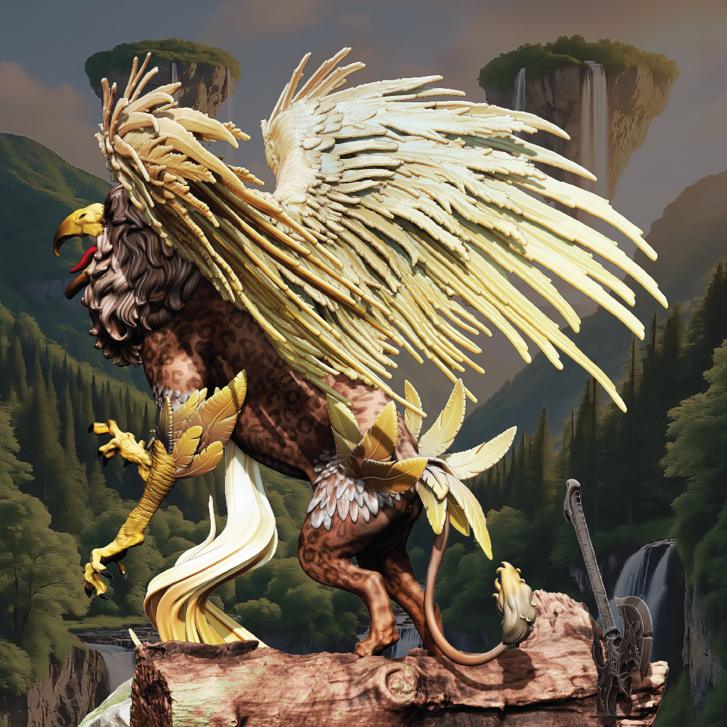 Mythical creature resembling a winged lion with a mountainous background