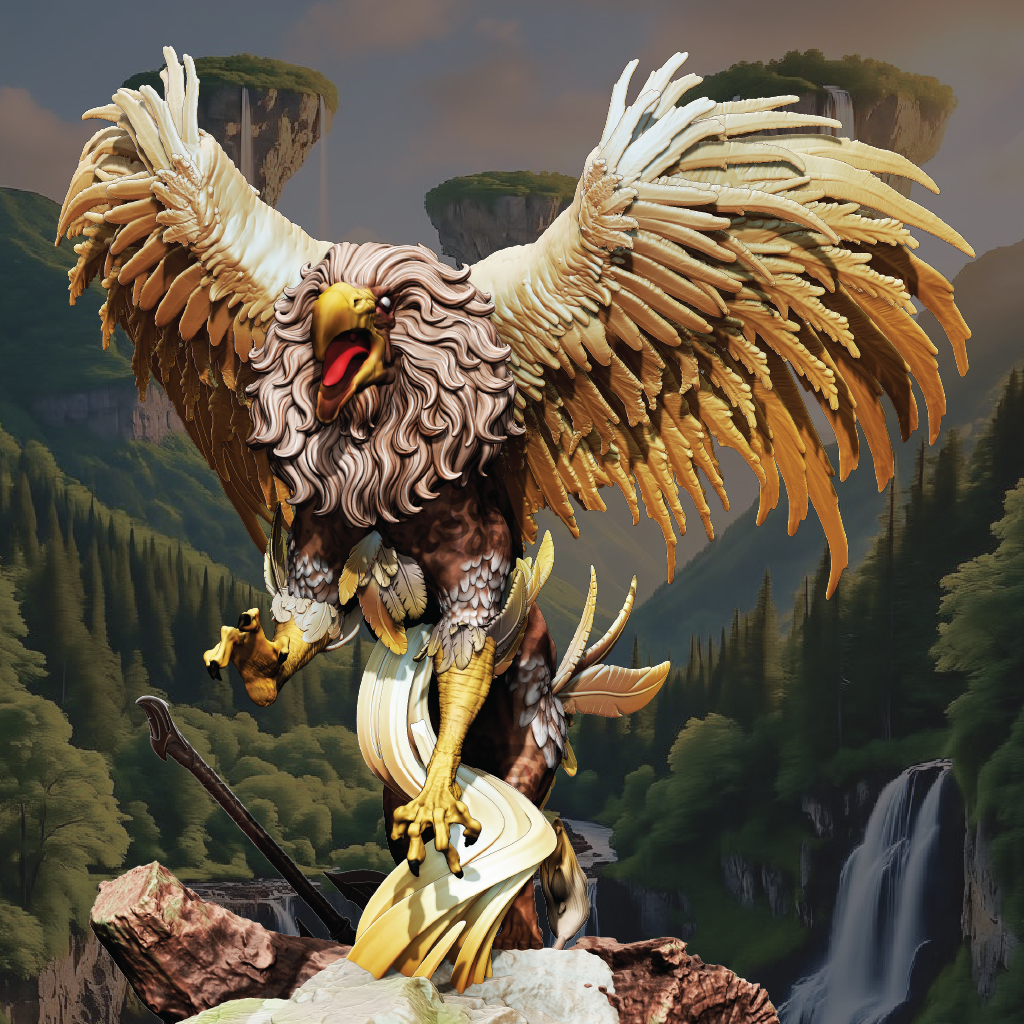 Eagle with armor and spear in a fantasy landscape