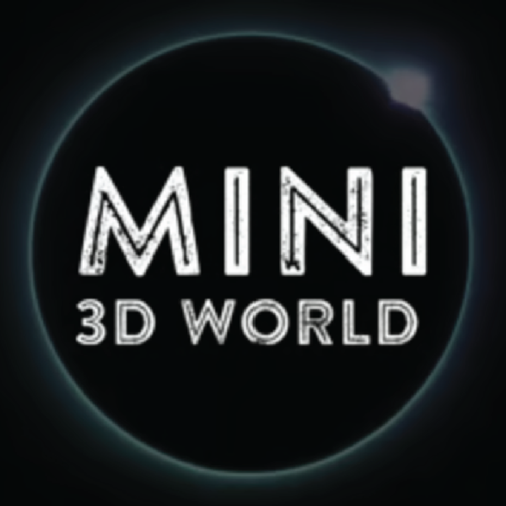 Logo of 'MINI 3D World' with a dark background and glowing outline.