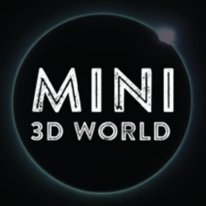 Logo of 'MINI 3D World' with a dark background and glowing outline.