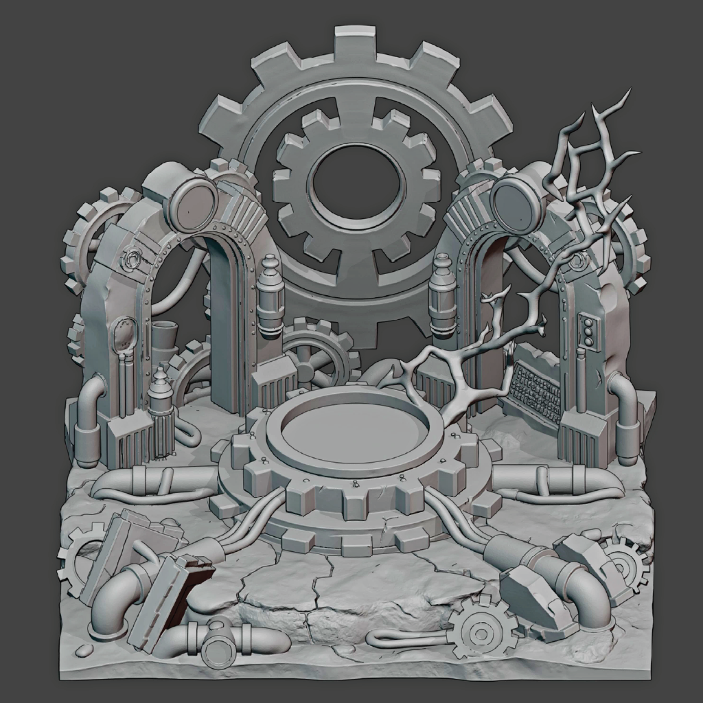 3D model of a steampunk-style mechanical scene with gears and pipes on a gray background