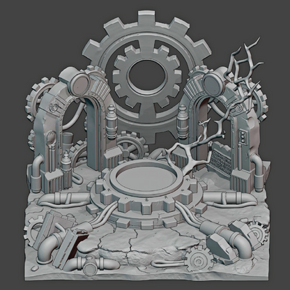3D model of a steampunk-style mechanical scene with gears and pipes on a gray background