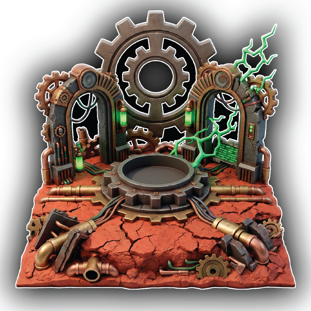 Steampunk-themed decorative piece with gears, pipes, and a central circular design on a gray background.