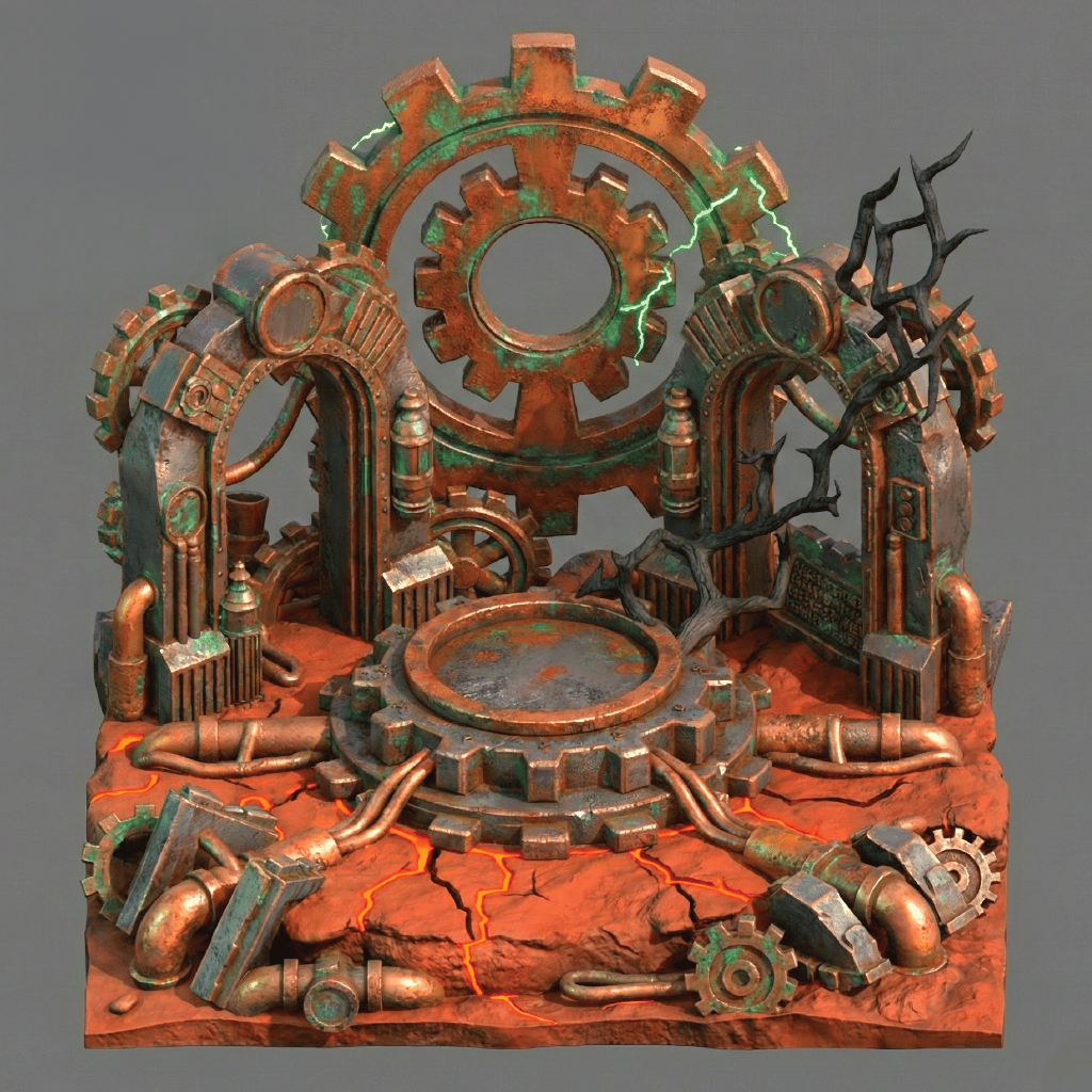 Steampunk-style mechanical sculpture with gears and pipes on a gray background