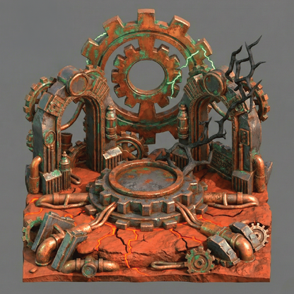 Steampunk-style mechanical sculpture with gears and pipes on a gray background