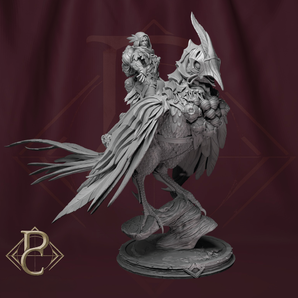 3D render of a aerial hunter riding a large armored bird of prey