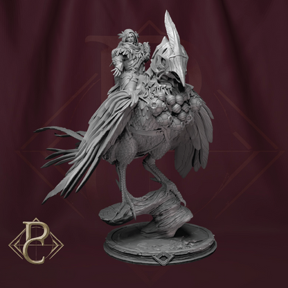 3D render of a aerial hunter riding a large armored bird of prey