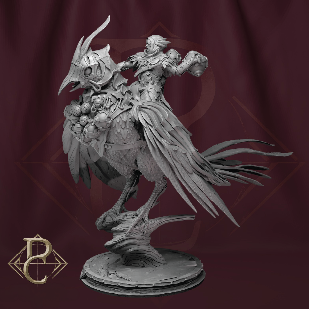 3D render of a aerial hunter riding a large armored bird of prey