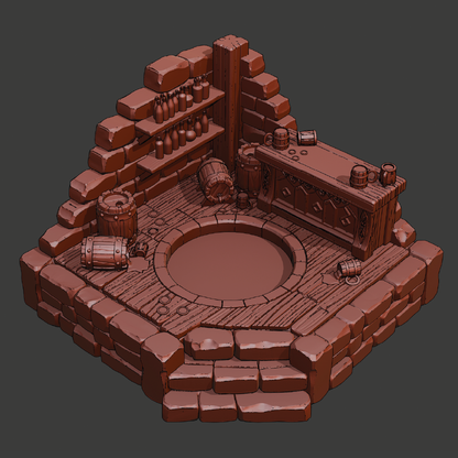 A 3D isometric render of a fantasy stone bar or tavern corner with a circular pit, wooden counter, barrels, and shelves, shown on a dark gray background.