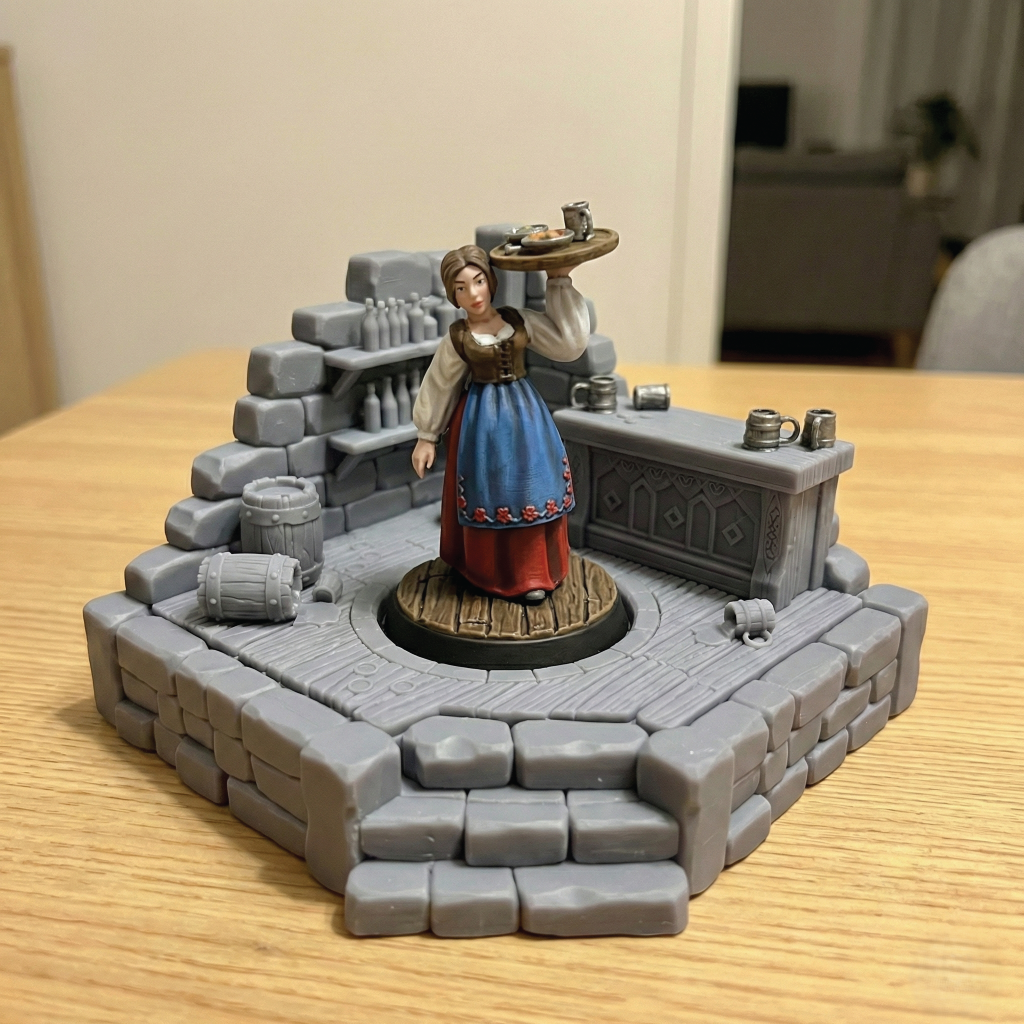 A tabletop miniature figurine of a medieval female servant standing on a round wooden platform inside a gray stone kitchen or tavern set, with shelves, counter, barrels, and small accessories. The background shows a blurred indoor room and tabletop.