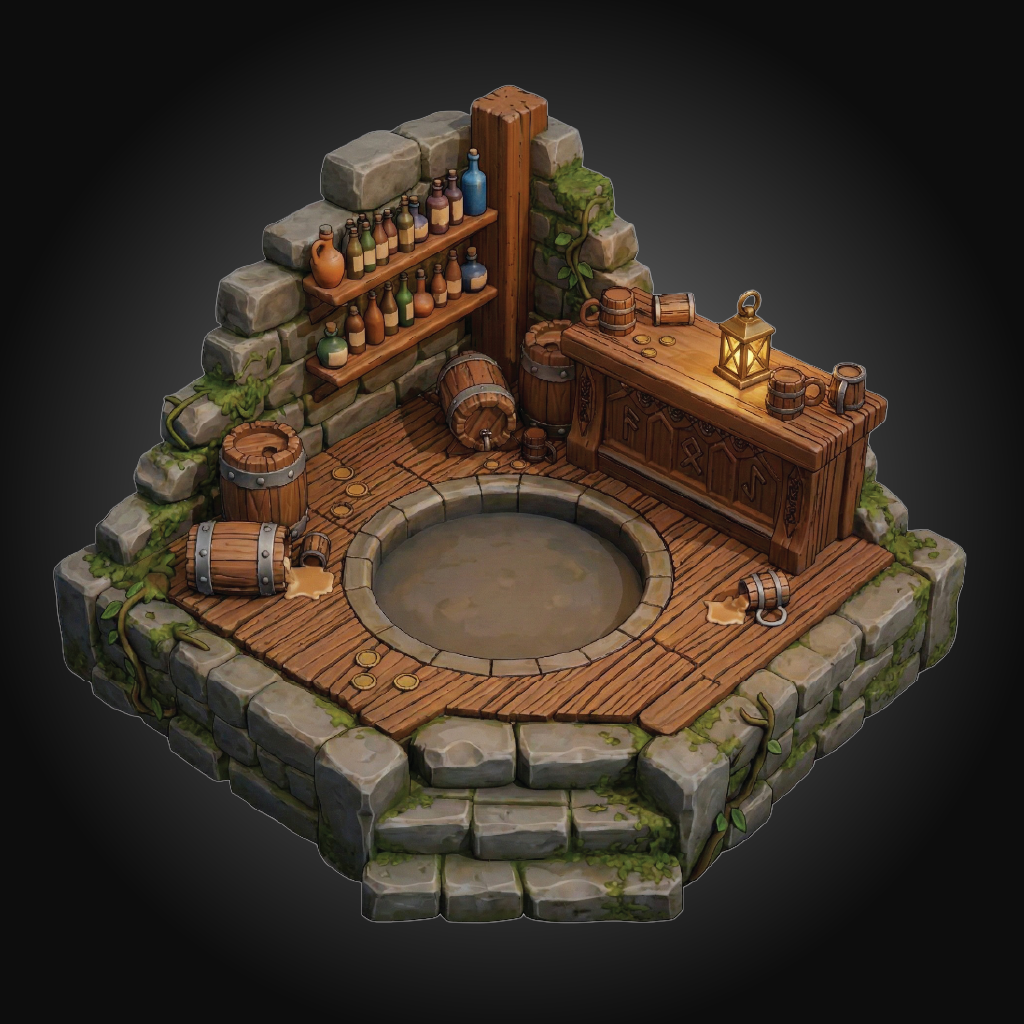 A fantasy isometric miniature terrain piece depicting a stone and wood alchemy or potion workshop with barrels, shelves of bottles, a workbench, and a circular stone pool, shown on a dark vignette background.