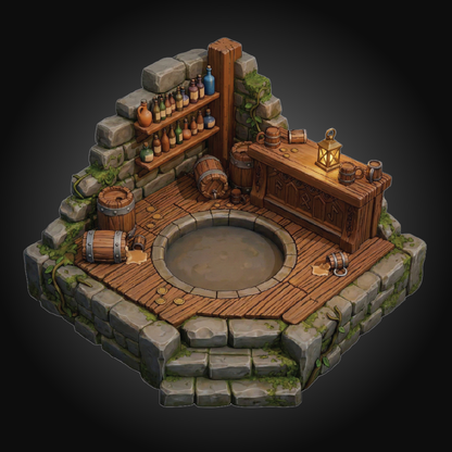 A fantasy isometric miniature terrain piece depicting a stone and wood alchemy or potion workshop with barrels, shelves of bottles, a workbench, and a circular stone pool, shown on a dark vignette background.