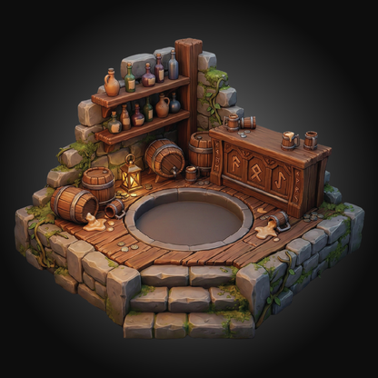 A fantasy isometric miniature scene of a stone-walled pub or tavern corner with a circular wooden pool, barrels, shelves of bottles, mugs, lanterns, and carved wooden furniture, shown on a dark vignette background.