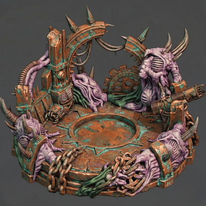 Decorative piece with mechanical and fantasy elements on a dark background