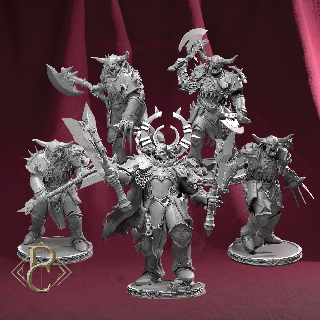 Five detailed fantasy figurines on a red background